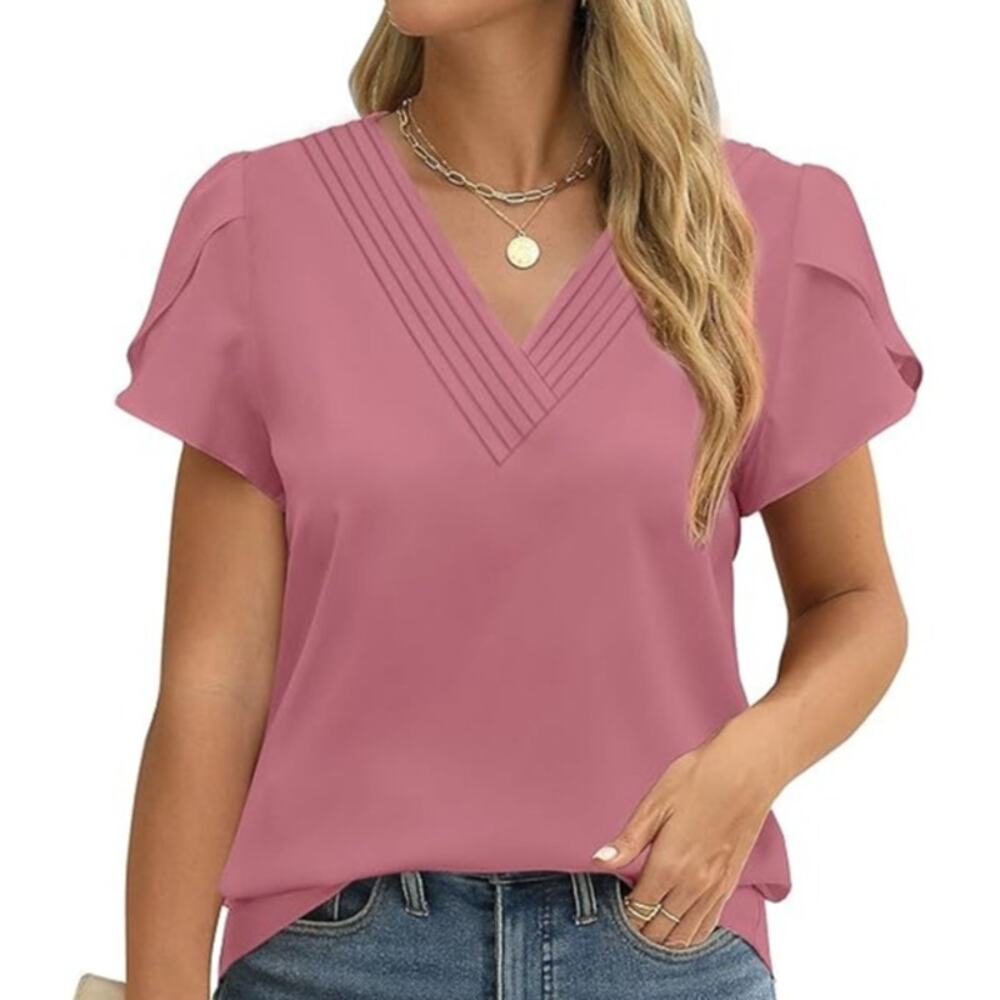 NWOT ~ Women's Dusty Pink V-Neck Ruffle Short Sleeve Summer Blouse ~ LARGE